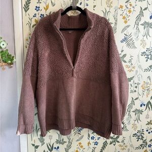 Barefoot Dreams Brown Half-Zip Mixed Sherling Sweater Pullover XL